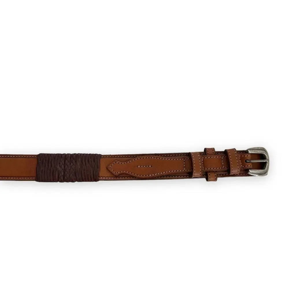 Unisex Western Belt Sz S/M 3D Brown Leather Silver Buckle Braided Details